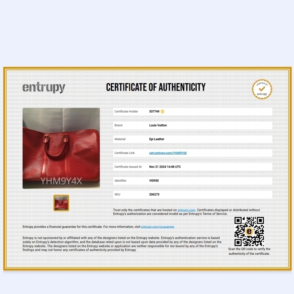 Authentic Certificate Louis Vuitton Keepall 45, Epi - Picture 13 of 13